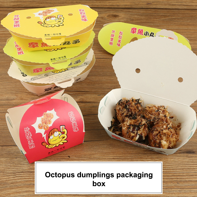 Food Packed Snacks - กล่องบรรจุภัณฑ์ทาโกะยากิแบบใช้แล้วทิ้งลายการ์ตูนรูปปลาหมึก 100 ชิ้น สำหรับอาหารญี่ปุ่นแบบสตรีทฟู้ด ขนมทานเล่นแบบนำกลับบ้าน กล่องใส่อาหารสำหรับงานปาร์ตี้